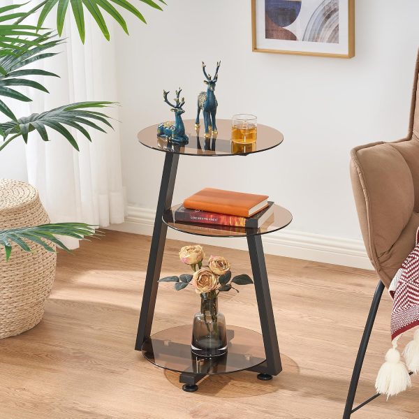 Small Round Side Table, End Table with Storage Shelves, Tawny | Metal Frame, 3-Tier Shelves, Accent Table Nightstand Bedside Table, Tempered Glass Surface, KTZ41S