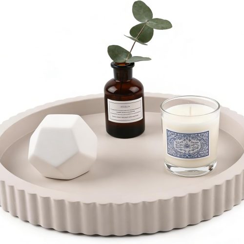 CT0432890JS_1 Modern Decorative Tray for Coffee Table, 11" Wooden Gray Beige Round Small Decor Tray for Candle, Perfume, Vanity, Kitchen Island Counter & Table Centerpiece