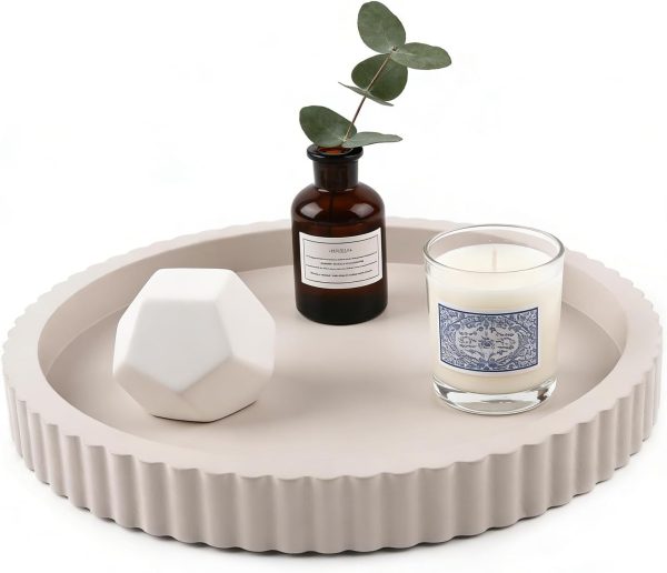 CT0432890JS_1 Modern Decorative Tray for Coffee Table, 11" Wooden Gray Beige Round Small Decor Tray for Candle, Perfume, Vanity, Kitchen Island Counter & Table Centerpiece