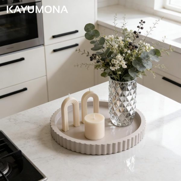CT0432890JS_2 Modern Decorative Tray for Coffee Table, 11" Wooden Gray Beige Round Small Decor Tray for Candle, Perfume, Vanity, Kitchen Island Counter & Table Centerpiece