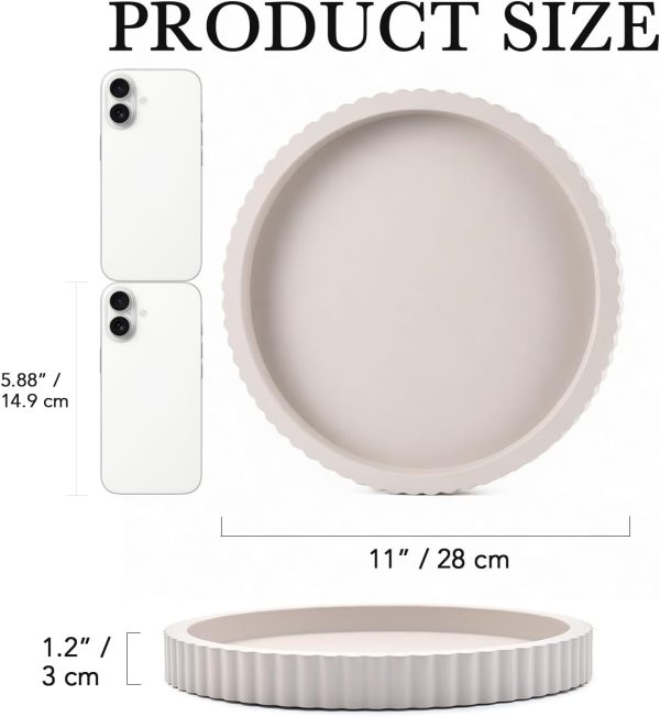 CT0432890JS_3 Modern Decorative Tray for Coffee Table, 11" Wooden Gray Beige Round Small Decor Tray for Candle, Perfume, Vanity, Kitchen Island Counter & Table Centerpiece