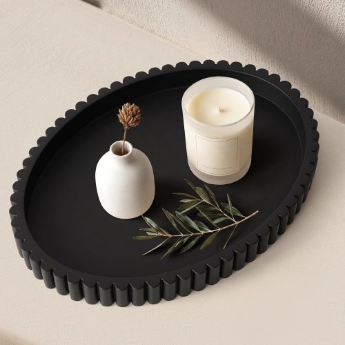 Oval Tray for Coffee Table Decor, 15" Concrete Coffee Table Tray, Black