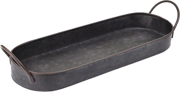 Hipiwe Industrial Style Metal Iron Tray Rustic Galvanized Serving Trays | Home Decorative Centerpiece Tray for Coffee Table, Farmhouse Breakfast Serving Tray with Handles (Oval)