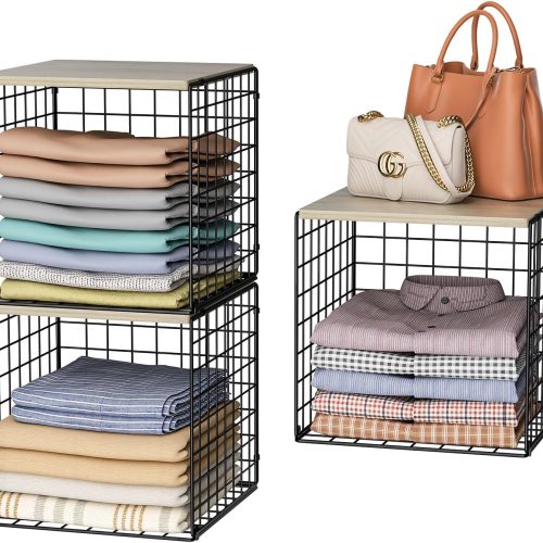 CT0433470JS_1 3PCS Stackable Closet Organizers and Storage, Shelves with Wood Top Extra Storage, Clothes Organizer Basket, Bin, or Tube for Wardrobe and Home Organization (Black-Sturdy Metal) Patent Pending