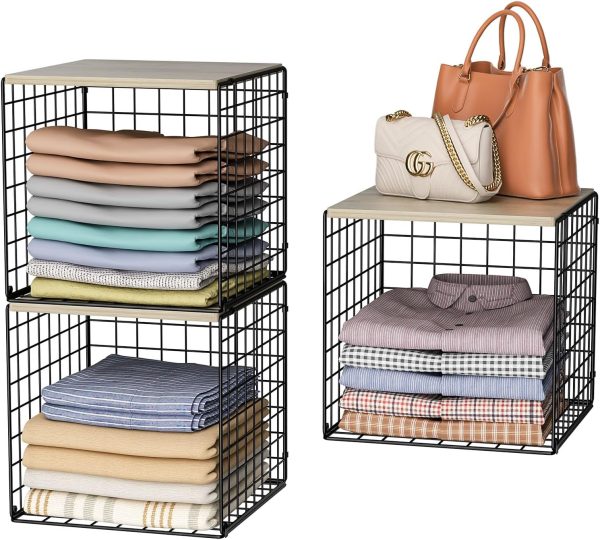 CT0433470JS_1 3PCS Stackable Closet Organizers and Storage, Shelves with Wood Top Extra Storage, Clothes Organizer Basket, Bin, or Tube for Wardrobe and Home Organization (Black-Sturdy Metal) Patent Pending