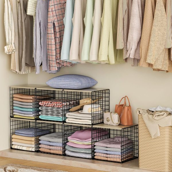 CT0433470JS_2 3PCS Stackable Closet Organizers and Storage, Shelves with Wood Top Extra Storage, Clothes Organizer Basket, Bin, or Tube for Wardrobe and Home Organization (Black-Sturdy Metal) Patent Pending