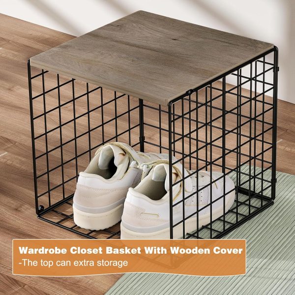 CT0433470JS_4 3PCS Stackable Closet Organizers and Storage, Shelves with Wood Top Extra Storage, Clothes Organizer Basket, Bin, or Tube for Wardrobe and Home Organization (Black-Sturdy Metal) Patent Pending