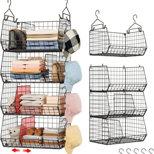 Jautokerdar 4 Tier Hanging Closet Organizer with Dividers,Extra Large Storage Hanging Shelf with 5 S Hooks 4 Dividers,Hang on Wire Closet Shelving Clothes Organizer-Black