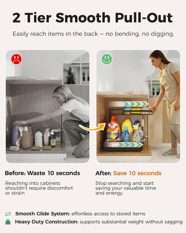 Sevenblue 2-Pack 2-Tier Height Adjustable Under Sink Organizer & Storage | Multi-purpose storage for kitchen & bathroom cabinet. Large black shelf, height adjustable design for space-saving.