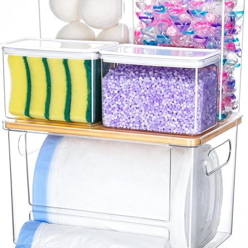 iCASA 5 in 1 Trash Bag Holder Dispenser Dishwasher & Laundry Pods Container | Large Stackable Under Sink Organizer Garbage Bag Dispenser for 13/30/33 Gallon Bags, Kitchen Pantry Clear Storage Bins