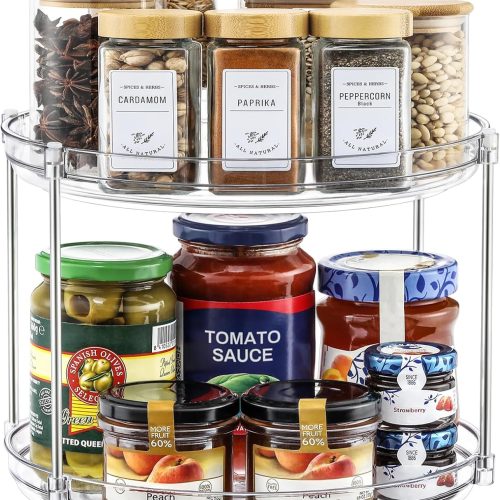 CT0433885JS_1 2 Tier Non-Skid Acrylic Lazy Susan Turntable Organizer - Rotating Spice Rack - Spinning Organization Tray for Kitchen, Pantry, Countertop, Closet, Bathroom, Vanity, Medicine Cabinet Organizing, 9.25''
