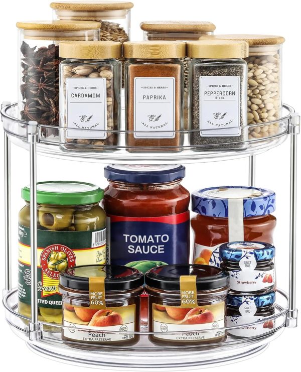 CT0433885JS_1 2 Tier Non-Skid Acrylic Lazy Susan Turntable Organizer - Rotating Spice Rack - Spinning Organization Tray for Kitchen, Pantry, Countertop, Closet, Bathroom, Vanity, Medicine Cabinet Organizing, 9.25''