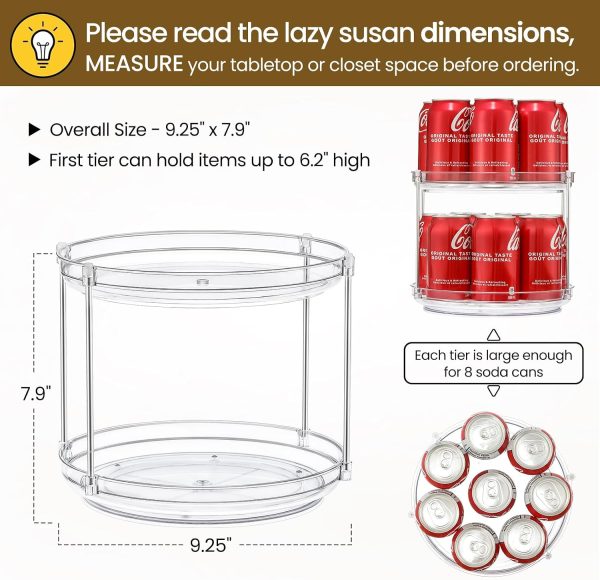 CT0433885JS_2 2 Tier Non-Skid Acrylic Lazy Susan Turntable Organizer - Rotating Spice Rack - Spinning Organization Tray for Kitchen, Pantry, Countertop, Closet, Bathroom, Vanity, Medicine Cabinet Organizing, 9.25''