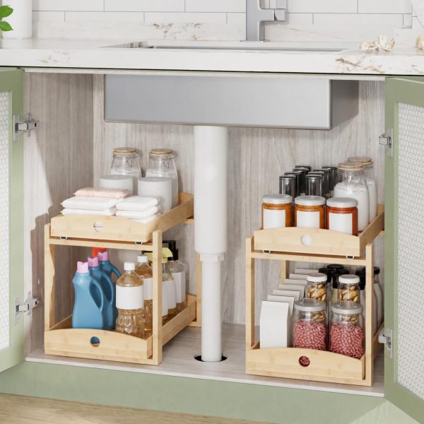 Bamboo Under Sink Organizer 2 Tier Pull Out Cabinet Storage Drawer