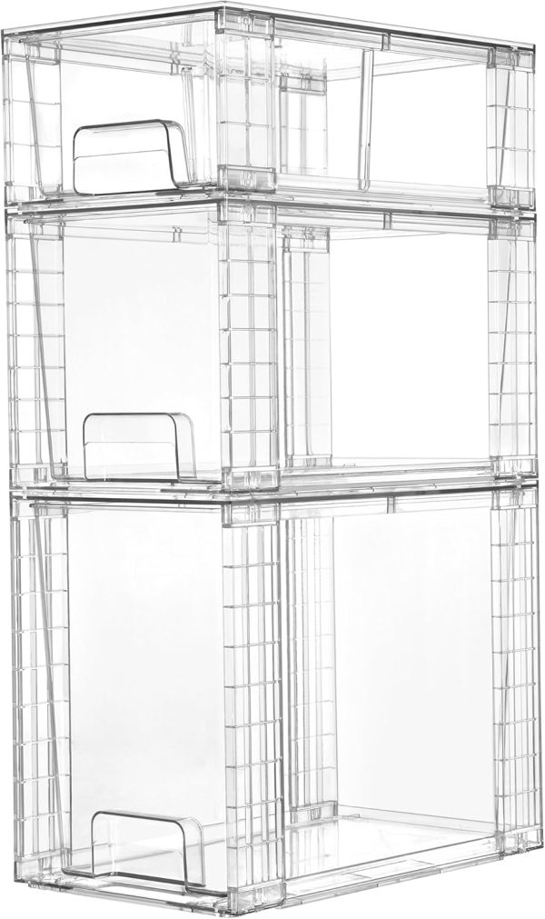 Vtopmart 3 Pack Clear Stackable Storage Drawers,Easy to Assemble Bathroom Organizers and Storage with handles,Plastic Drawers for Kitchen Pantry,Cabinet,Under Sink Organization | Tall, Medium and Small Pull-Out PET Drawers with Stackable Design for Bathroom Under-Sink Storage and Vertical Organization