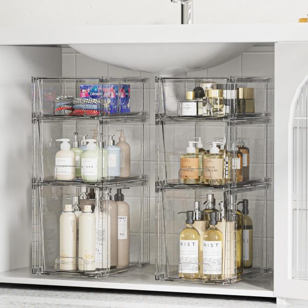 Vtopmart 3 Pack Clear Stackable Storage Drawers,Easy to Assemble Bathroom Organizers and Storage with handles,Plastic Drawers for Kitchen Pantry,Cabinet,Under Sink Organization | Tall, Medium and Small Pull-Out PET Drawers with Stackable Design for Bathroom Under-Sink Storage and Vertical Organization