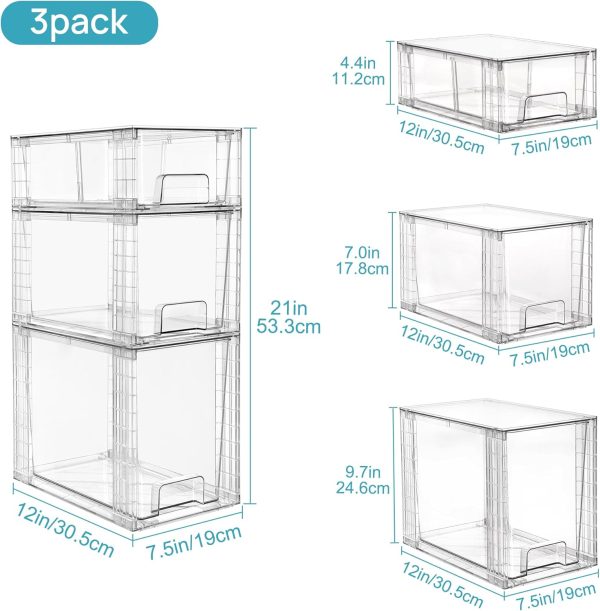 Vtopmart 3 Pack Clear Stackable Storage Drawers,Easy to Assemble Bathroom Organizers and Storage with handles,Plastic Drawers for Kitchen Pantry,Cabinet,Under Sink Organization | Tall, Medium and Small Pull-Out PET Drawers with Stackable Design for Bathroom Under-Sink Storage and Vertical Organization