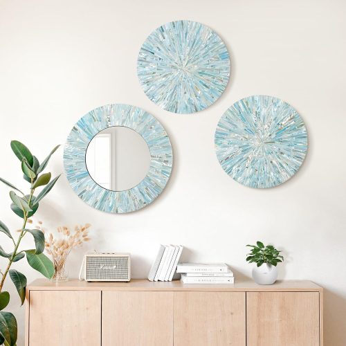 3PCS Natural Mother of Pearl Beach Mirror Wall Art Room Decor,Blue | Handmade Ocean Round Wall Hanging Sculptures,Coastal Art Decor for Living Room Bedroom Hallway Entry Bathroom Holiday Hotel