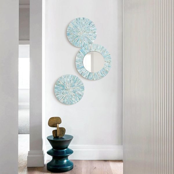 3PCS Natural Mother of Pearl Beach Mirror Wall Art Room Decor,Blue | Handmade Ocean Round Wall Hanging Sculptures,Coastal Art Decor for Living Room Bedroom Hallway Entry Bathroom Holiday Hotel