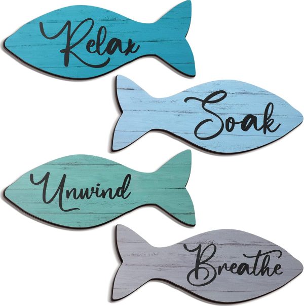 CT0434250JS_1 4 Pcs Beach Bathroom Wooden Fish Wall Decor Coastal Art Sign Relax Soak Unwind Coastal Wall Fish Summer Decor for Home Spa Bathroom
