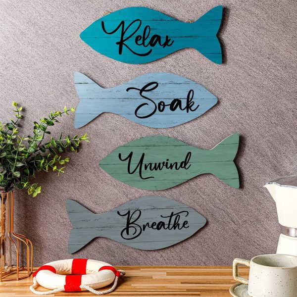 CT0434250JS_3 4 Pcs Beach Bathroom Wooden Fish Wall Decor Coastal Art Sign Relax Soak Unwind Coastal Wall Fish Summer Decor for Home Spa Bathroom