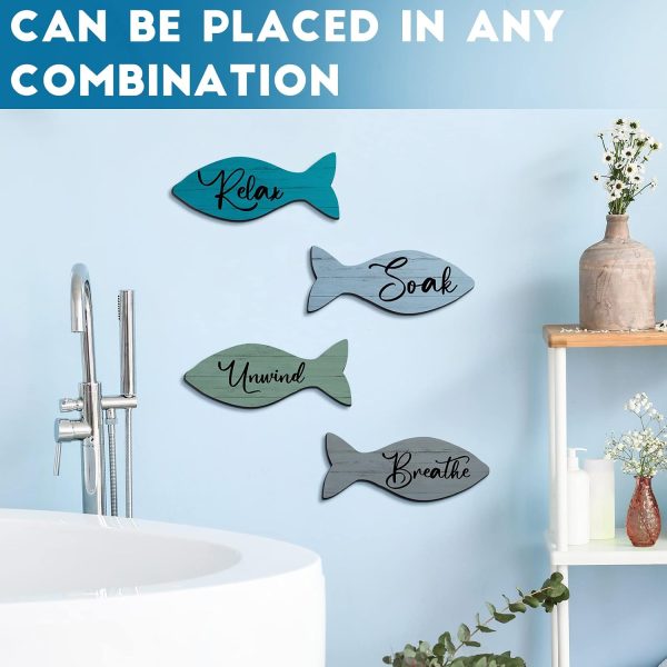 CT0434250JS_4 4 Pcs Beach Bathroom Wooden Fish Wall Decor Coastal Art Sign Relax Soak Unwind Coastal Wall Fish Summer Decor for Home Spa Bathroom