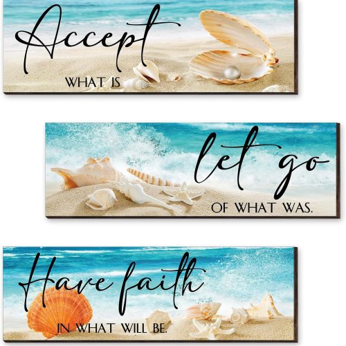 3 Pieces Inspirational Ocean Beach Bedroom Wall Decors Accept Let Go Have Faith Quotes Seashell Starfish Wooden Sign Motivational Wood Hanging Decor for Bathroom Washroom Home(11 x 3.5 x 0.2 Inch)