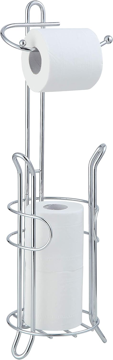 CT0434326JS_1 SunnyPoint Freestanding Toilet Paper Holder with Storage – Holds 3 Spare Rolls, Heavy-Duty Steel, Chrome Finish, Easy Assembly, Space-Saving Bathroom Organizer