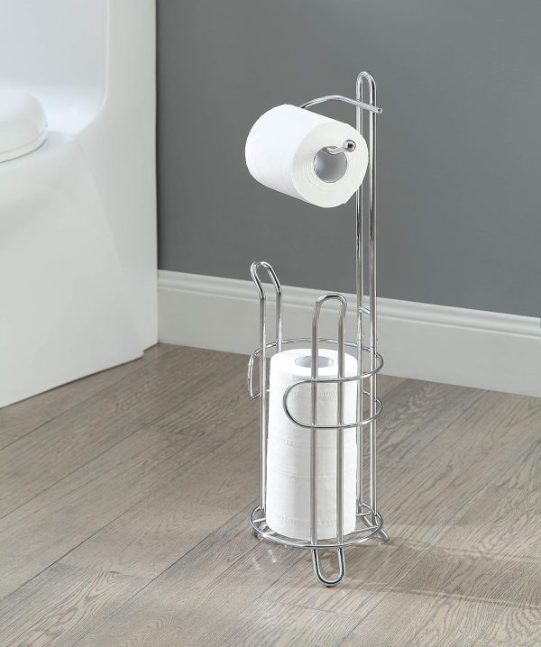 CT0434326JS_2 SunnyPoint Freestanding Toilet Paper Holder with Storage – Holds 3 Spare Rolls, Heavy-Duty Steel, Chrome Finish, Easy Assembly, Space-Saving Bathroom Organizer