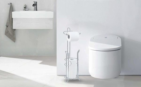CT0434326JS_3 SunnyPoint Freestanding Toilet Paper Holder with Storage – Holds 3 Spare Rolls, Heavy-Duty Steel, Chrome Finish, Easy Assembly, Space-Saving Bathroom Organizer