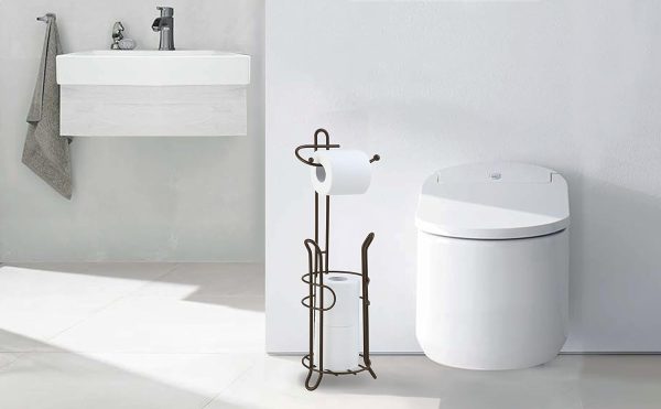 SunnyPoint Freestanding Toilet Paper Holder with Storage – Holds 3 Spare Rolls, Heavy-Duty Steel, Oil Bronze Finish, Easy Assembly, Space-Saving Bathroom Organizer