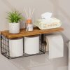 CT0434363JS_1 VITVITI Toilet Paper Holder with Shelf, Wall Mounted Toilet Paper Storage Basket, Wood Metal Toilet Roll and Wipes Holder for Bathroom Farmhouse (Brown)