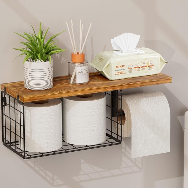 CT0434363JS_1 VITVITI Toilet Paper Holder with Shelf, Wall Mounted Toilet Paper Storage Basket, Wood Metal Toilet Roll and Wipes Holder for Bathroom Farmhouse (Brown)