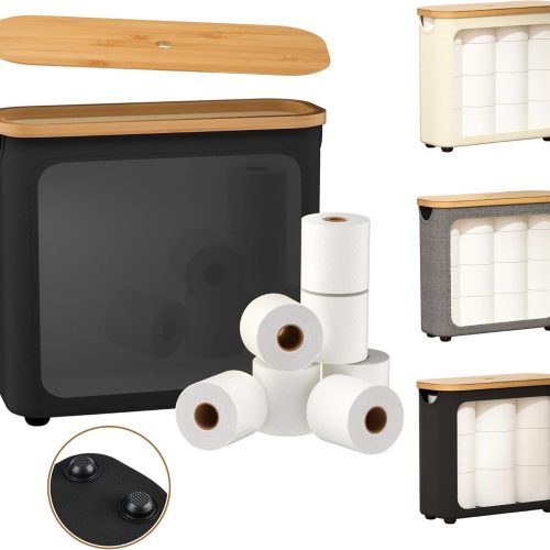 Toilet Paper Storage with Bamboo Lid,Black Foldable Basket | for Bathroom ,Holds 9 Mega/12 Regular Rolls,Waterproof Toilet Paper Holder Storage with Non-Slip Base,Black