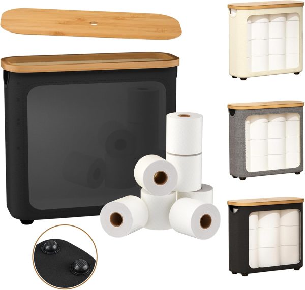 CT0434386JS_1 Toilet Paper Storage with Bamboo Lid,Black Foldable Basket | for Bathroom ,Holds 9 Mega/12 Regular Rolls,Waterproof Toilet Paper Holder Storage with Non-Slip Base,Black