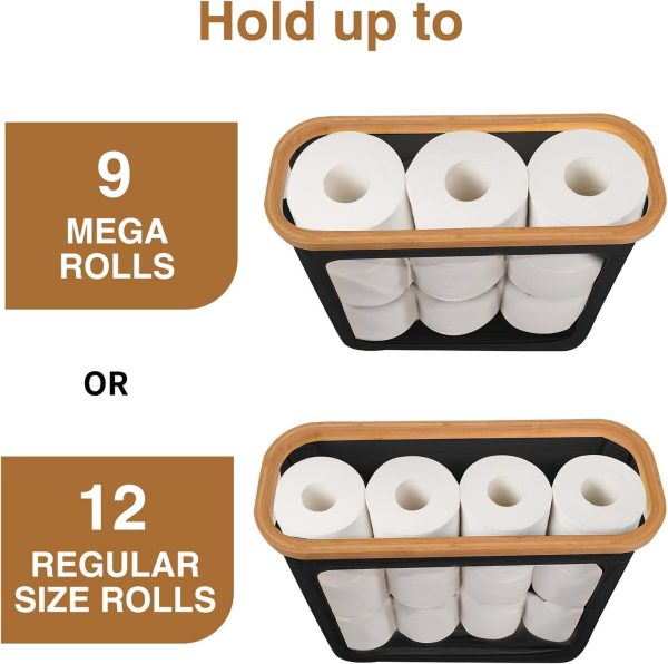 CT0434386JS_2 Toilet Paper Storage with Bamboo Lid,Black Foldable Basket | for Bathroom ,Holds 9 Mega/12 Regular Rolls,Waterproof Toilet Paper Holder Storage with Non-Slip Base,Black