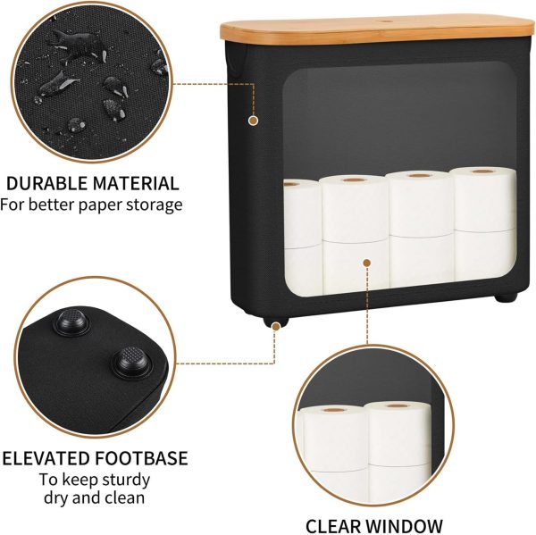 CT0434386JS_3 Toilet Paper Storage with Bamboo Lid,Black Foldable Basket | for Bathroom ,Holds 9 Mega/12 Regular Rolls,Waterproof Toilet Paper Holder Storage with Non-Slip Base,Black