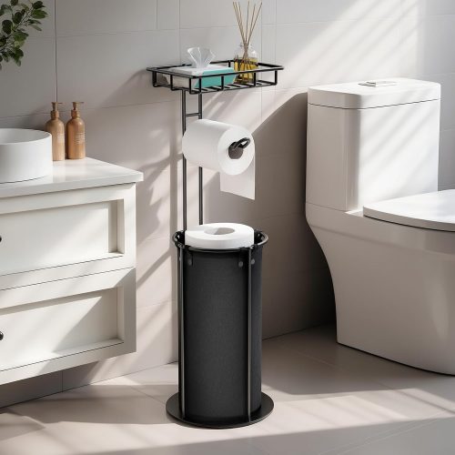 Lewondr Free Standing Toilet Paper Holder with Shelf, Black