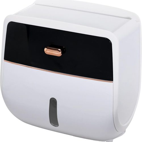 Toilet Paper Holder Wall Mount, Self Adhesive Paper Towels Holder with Drawer and Shelf Watertight Tissue Dispenser Semi-Auto Switch Toilet Tissue Roll Holders for Bathroom(Black)