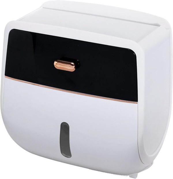 Toilet Paper Holder Wall Mount, Self Adhesive Paper Towels Holder with Drawer and Shelf Watertight Tissue Dispenser Semi-Auto Switch Toilet Tissue Roll Holders for Bathroom(Black)