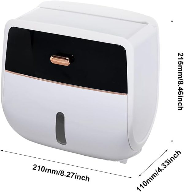 Toilet Paper Holder Wall Mount, Self Adhesive Paper Towels Holder with Drawer and Shelf Watertight Tissue Dispenser Semi-Auto Switch Toilet Tissue Roll Holders for Bathroom(Black)