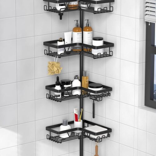 KEGII Corner Shower Caddy Tension Pole, Large Capacity Bathroom Organizer | 28 Hooks with Soap and Razor Holders, Heavy Duty 4-Tier Shelves for Family Bathtubs and Renters, Adjustable 25-114.2 inch
