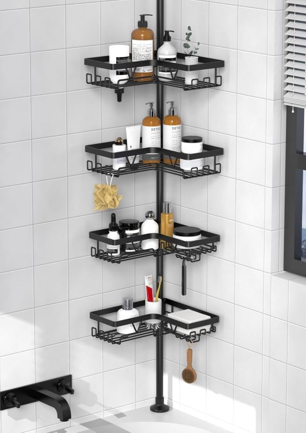 CT0434622JS_1 KEGII Corner Shower Caddy Tension Pole, Large Capacity Bathroom Organizer | 28 Hooks with Soap and Razor Holders, Heavy Duty 4-Tier Shelves for Family Bathtubs and Renters, Adjustable 25-114.2 inch