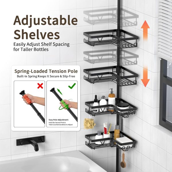 CT0434622JS_2 KEGII Corner Shower Caddy Tension Pole, Large Capacity Bathroom Organizer | 28 Hooks with Soap and Razor Holders, Heavy Duty 4-Tier Shelves for Family Bathtubs and Renters, Adjustable 25-114.2 inch