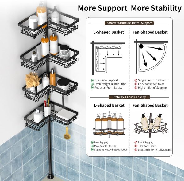CT0434622JS_3 KEGII Corner Shower Caddy Tension Pole, Large Capacity Bathroom Organizer | 28 Hooks with Soap and Razor Holders, Heavy Duty 4-Tier Shelves for Family Bathtubs and Renters, Adjustable 25-114.2 inch