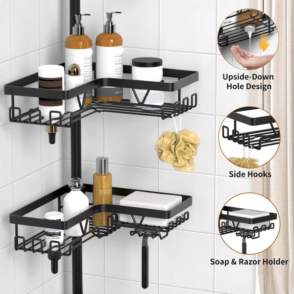CT0434622JS_4 KEGII Corner Shower Caddy Tension Pole, Large Capacity Bathroom Organizer | 28 Hooks with Soap and Razor Holders, Heavy Duty 4-Tier Shelves for Family Bathtubs and Renters, Adjustable 25-114.2 inch