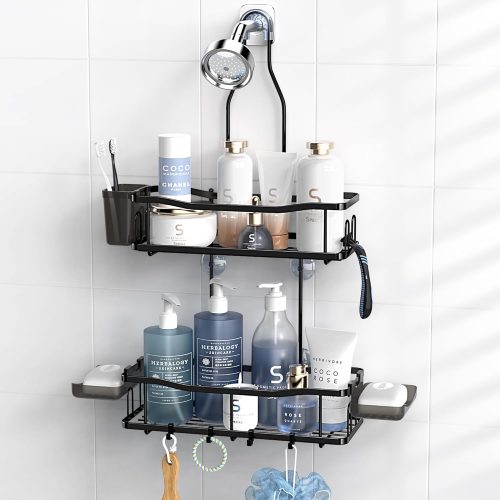 CT0434710JS_1 Hanging Shower Caddy Over Shower Head - No Drill Rustproof Shower Rack | Includes Soap Holder and Hooks for Shampoo, Conditioner, and Bathroom Essentials with Stable Storage in Any Shower Space