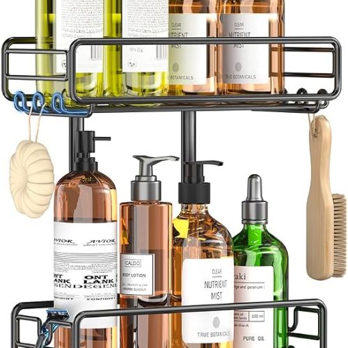 Skyapex Shower Caddy Hanging Bathroom Organizer: Over Head Adjustable Rack for Tall Showerhead - Extra Large Storage Shelf for Big Shampoo Bottles with Soap Holder