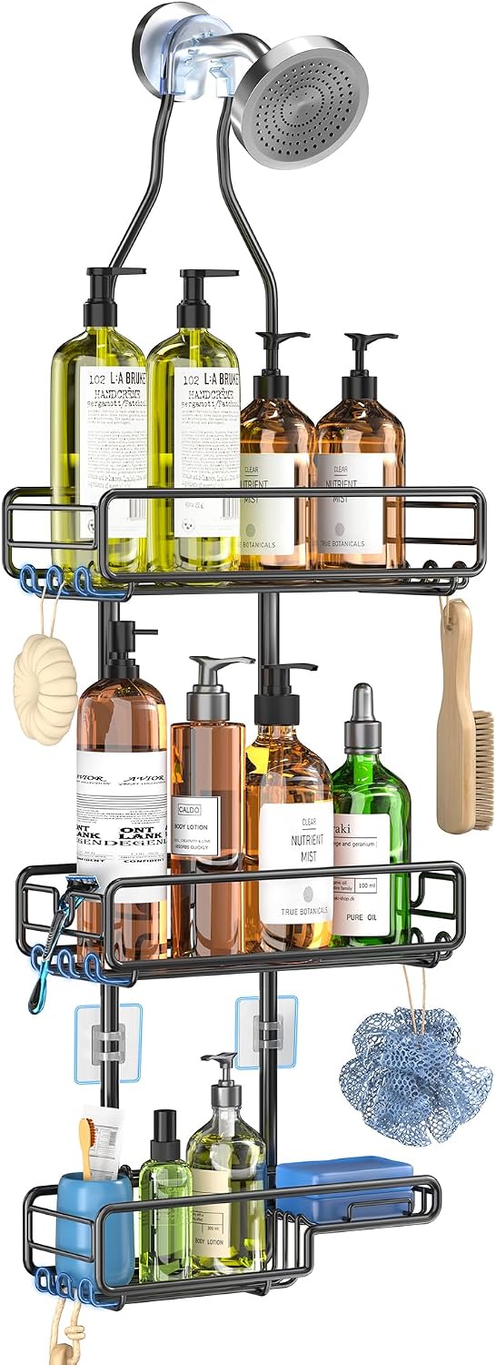 CT0434713JS_1 Skyapex Shower Caddy Hanging Bathroom Organizer: Over Head Adjustable Rack for Tall Showerhead - Extra Large Storage Shelf for Big Shampoo Bottles with Soap Holder