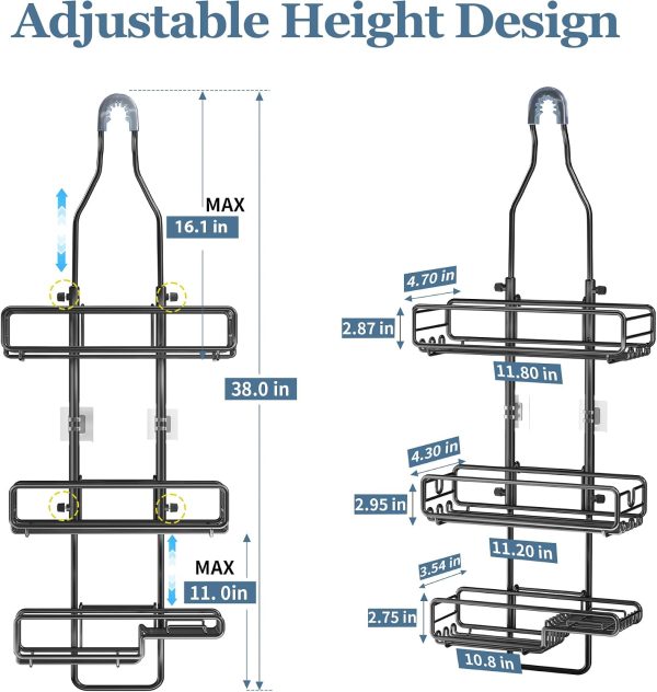 CT0434713JS_2 Skyapex Shower Caddy Hanging Bathroom Organizer: Over Head Adjustable Rack for Tall Showerhead - Extra Large Storage Shelf for Big Shampoo Bottles with Soap Holder